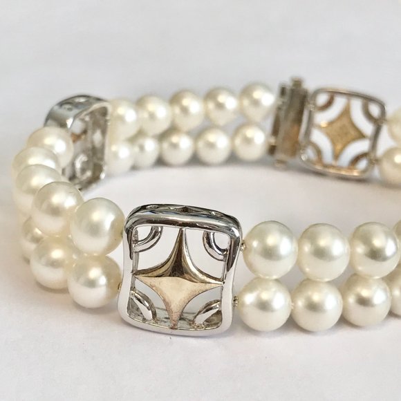Vintage Sterling Silver White Pearl Bracelet Ross & Simons Estate Double Strand - Picture 7 of 16